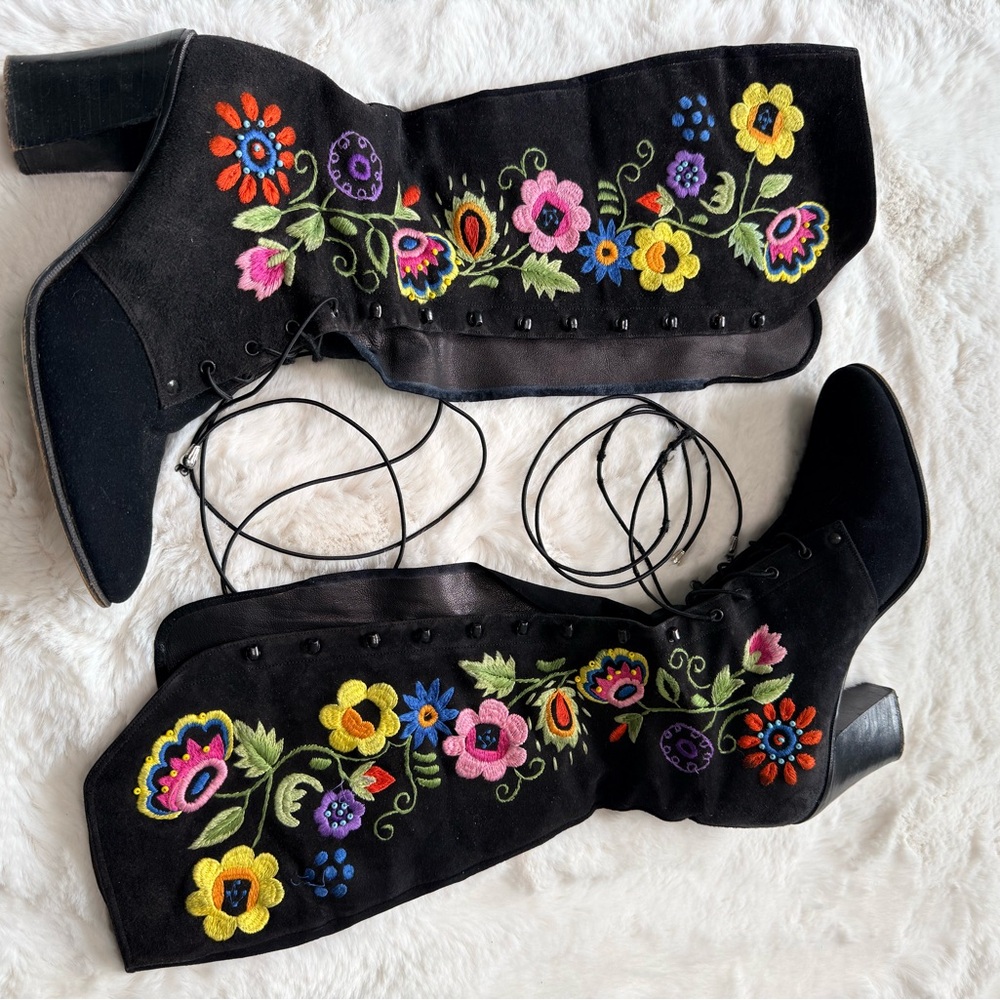 💫STUNNING RARE 60s 70s Enosis Greece Jerry Edouard Embroidered Black Gogo Boots - Picture 14 of 15